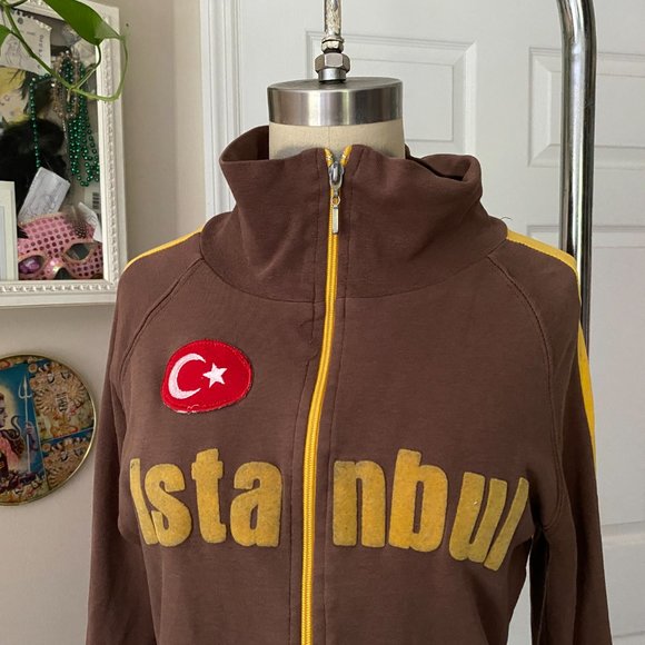 VINTAGE Y2K Raygun ISTANBUL Turkey Brown Cotton Racer Track Jacket *LARGE* - Picture 2 of 5